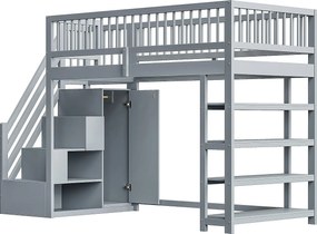 Łóżko piętrowe dla dzieci - 90 x 200 - z barierką + szafa + półki - drewno - szare