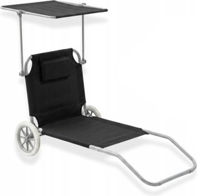 Leżak plażowy Solmare z daszkiem i kołami - składany leżak ogrodowy, czarny