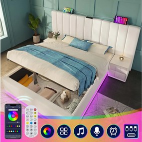 Łóżko ze schowkiem 160 x 200 cm z dużym zagłówkiem - Lampka do czytania i gniazda USB + Type-C - Diody LED - Skóra PU - Biały (bez materaca)