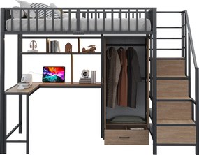 Łóżko piętrowe metalowe dla dzieci - 140 x 200 cm - z biurkiem + półką + szafą + szufladą + drabinką + diodami LED - czarne