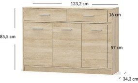 Komoda Trzydrzwiowa z Szufladami Drewniana do Salonu DEW 123 cm Dąb sonoma Nowoczesna