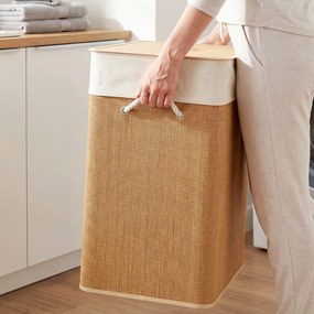 HOMCOM Kosz na pranie z bambusa z pokrywą 2 komory 100 L, kosz na bieliznę z uchwytami z liny, wymienny worek na pranie