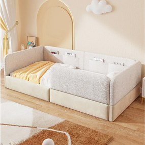 Łóżko tapicerowane platformowe dla dzieci - 90 x 200 cm - z barierką zabezpieczającą + torba do przechowywania - MDF + PU - białe