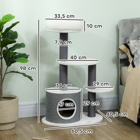 PawHut Drapak z 1 budką dla kota, 1 legowiskiem, 2 platformami, słupki owinięte jutowym sznurkiem, Biały + Szary