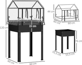 Outsunny Wysoki grządek z dachem szklarniowym, Podwyższona skrzynka na rośliny z otworami drenażowymi, 60 x 60 x 120 cm, Czarny
