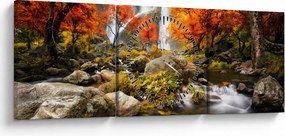 Obraz - Wodospady w pomarańczowym lesie (z zegarem) (90x30 cm)