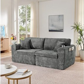 Modułowa 2-osobowa kanapa z tkaniny Chenille, z uchwytem na kubek i USB, 220x100x89cm, Szary
