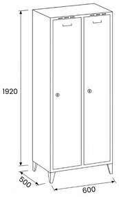Metalowa szafka ubraniowa na nogach, 2-drzwiowa, 1920 x 600 x 500 mm, zamek obrotowy, drzwi szare