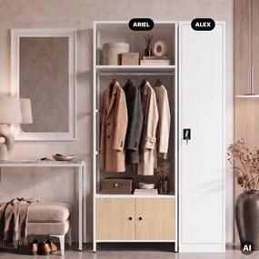 Regał biurowy otwarty z drążkiem na ubrania, do recepcji i poczekalni, metalowy, biały/dąb sonoma, 800x2200x400 mm: ARIEL Eco Design