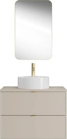 Wisząca szafka łazienkowa z okrągłą umywalką nablatową, baterią i lustrem – Beżowa – 80 cm – ONDIL