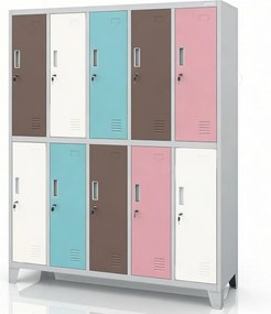 Metalowa szatnia 10-skrytkowa Bartek, 136x45x172 cm, szaro-pastelowa