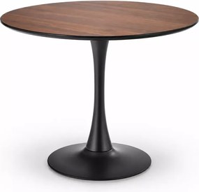 Stół Kinzly 90 cm – elegancki okrągły stół z orzechowym blatem z MDF i czarną metalową nogą do kuchni