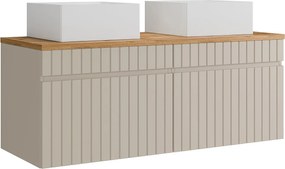 Wisząca szafka łazienkowa prążkowana beżowa z nablatową umywalką kwadratową - 120 cm - SATARA