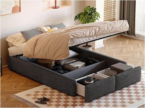 Łóżko podwójne tapicerowane 140x200cm bez zagłówka - z 2 szufladami - Tkanina lniana - Szary