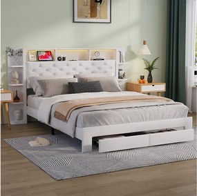 Łóżko z pojemnikiem 140x200 cm, kolorowymi diodami LED i stacją ładowania USB – Biały aksamit – Nowoczesny design