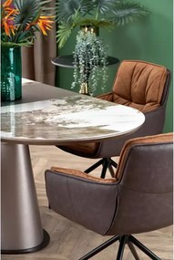 Owalny stół Rogins 160-200x90 cm – rozkładany z blatem z ceramiki beżowy marmur / cappuccino / czarny