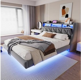 Łóżko tapicerowane dwuosobowe - 180 x 200 cm - składany tapicerowany zagłówek ze schowkiem + diody LED - płyta MDF - szare