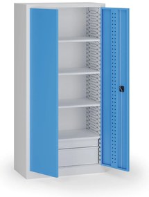 Szafa warsztatowa, 4 półki + 2 szuflady, 1950 × 950 × 500 mm, niebieskie drzwi