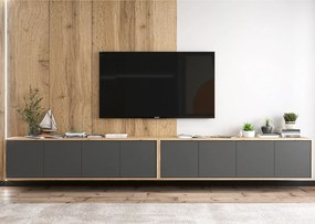 Szafka RTV z 8 drzwiami – korpus dąb wotan, fronty grafit mat – 300 cm