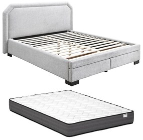 Łóżko z szufladami 140 x 190 cm - Tkanina - Jasnoszary + Materac - INASTO