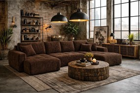 Narożnik w kształcie U z funkcją spania i pojemnikiem Ivo U, tkanina sztruksowa Poso, Brązowy