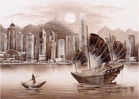 Obraz - Victoria Harbor, Hongkong, efekt sepii (70x50 cm)