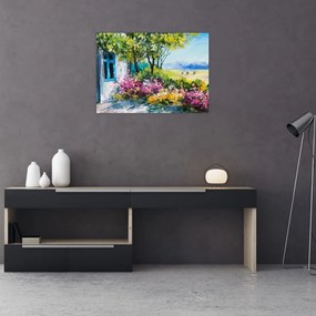 Obraz ogrodu przed domem, obraz olejny (70x50 cm)