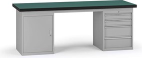 Stół warsztatowy G8, 2100 x 750 x 800 mm, 1x szafka, 1x kontener, 4x szuflada, szary
