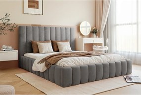 BESILIO Podwójne łóżko 180x200 Tina - Łóżko slim do sypialni ze stelażem i pojemnikiem na pościel- Tkanina welurowa- Szary