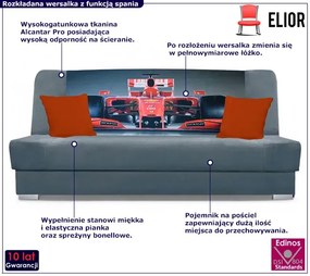 Ciemnoszara wersalka rozkładana z motywem F1 - Piovia 21X