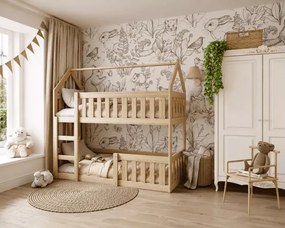 Łóżko piętrowe dziecięce Clare Domek Mini 80x190 drewniane sosnowe z barierkami