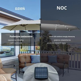 Outsunny Parasol z Oświetleniem LED Solar 4,5m, Podwójny Parasol Ogrodowy, Markiz, Tarasowy Okrągły Jasnoszary+Czarny
