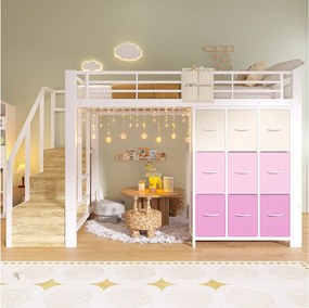Łóżko piętrowe metalowe - 140 x 200 cm - z komodą 9-szufladową + szafą + schodami z miejscem do przechowywania - białe