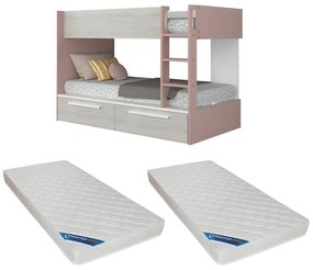 Łóżko piętrowe 2 x 90 x 200 cm - 2 szuflady - Różowy, biały i naturalny + Materac - TINOLI