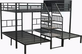 Łóżko piętrowe 90x200 cm + 140x200 cm - 3 miejsca do spania - z miejscem do przechowywania - schody z poręczami bezpieczeństwa - czarny