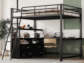 Łóżko mezzanine 140x200cm - biurko narożne z szufladami - z MDF i metalu - Czarny