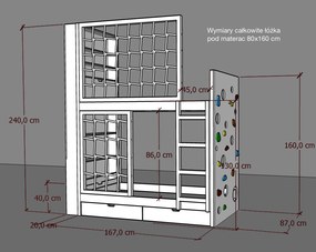 Łóżko piętrowe Marulla 113P z drabinką, ścianką wspinaczkową i panelami sznurkowymi