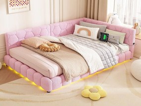 Łóżko banquette 140x200cm z weluru - z LED i portem USB - Różowe