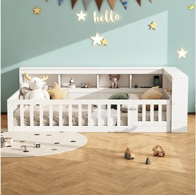 Łóżko dziecięce 90x200 cm - Wezgłowie z miejscem do przechowywania - Stelaż listwowy - z gniazdkiem i portem USB - biały