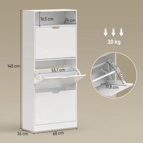 HOMCOM Wąska szafka na buty z 3 uchylnymi przegrodami, regulowanymi półkami i otwartą półką, miejsce na 12-18 par, biały | Aosom PL
