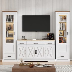 Zestaw mebli do salonu - 2 nowoczesne witryny z diodami LED + 1 kredens z 4 drzwiami + 3 szuflady - płyta wiórowa - kolor biały