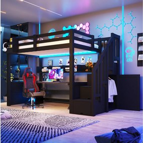 Łóżko piętrowe 90 x 200 cm z 4 schowkami, szafa z 1 drzwiami - oświetlenie LED - sosna + płyta MDF - czarne (materac nie jest wliczony w cenę)
