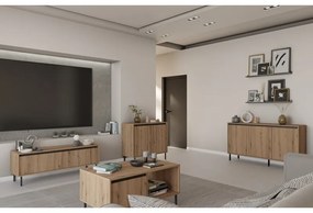 Stylowa komoda kaja 3D z półkami na czarnych nogach lamele do salonu pokoju