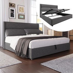 Łóżko z pojemnikiem 140x200 cm - z regulowanym zagłówkiem - pościel - szare - bez materaca