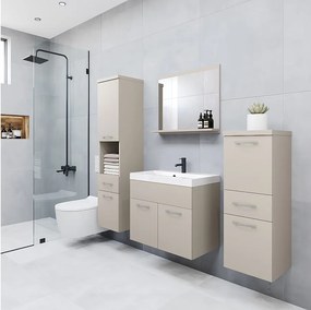 Nowoczesne meble łazienkowe, wiszący zestaw z umywalką, lustrem i słupkami, kaszmirowy beż mat