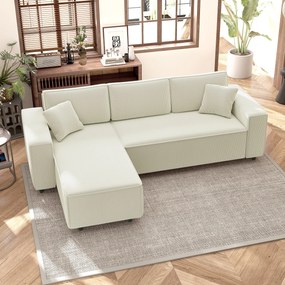 HOMCOM Narożnik 3-osobowy z Modułem Chaise Longue, Sofa do Salonu z Pokryciem Sztruksowym, 2 Dodatkowe Poduszki, Sofa Wypoczynkowa, Kremowy