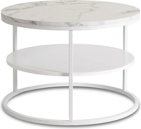 Stolik kawowy Best 70 cm, okrągły, z półką, do salonu, biały marmur/biały