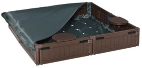 Outsunny Piaskownica z siedzeniami dla 4 osób, z podkładką i pokrowcem, dla dzieci w wieku od 3 do 12 lat, HDPE, 123 x 123 x 21 cm, brązowa