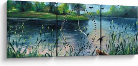 Obraz - Obraz olejny, Wczesny letni wieczór nad jeziorem (z zegarem) (90x30 cm)