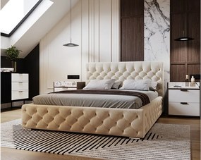 Emporius Elira łóżko tapicerowane 200x200 z pojemnikiem - tkanina velvet, glamour, pikowanie chesterfield - łóżko 200x200 wanilia (Magic Velvet 2201)